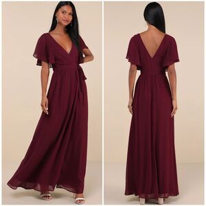 Lulus Convincing Grace Burgundy Flutter Sleeve Wrap Maxi Dress Size Large NEW